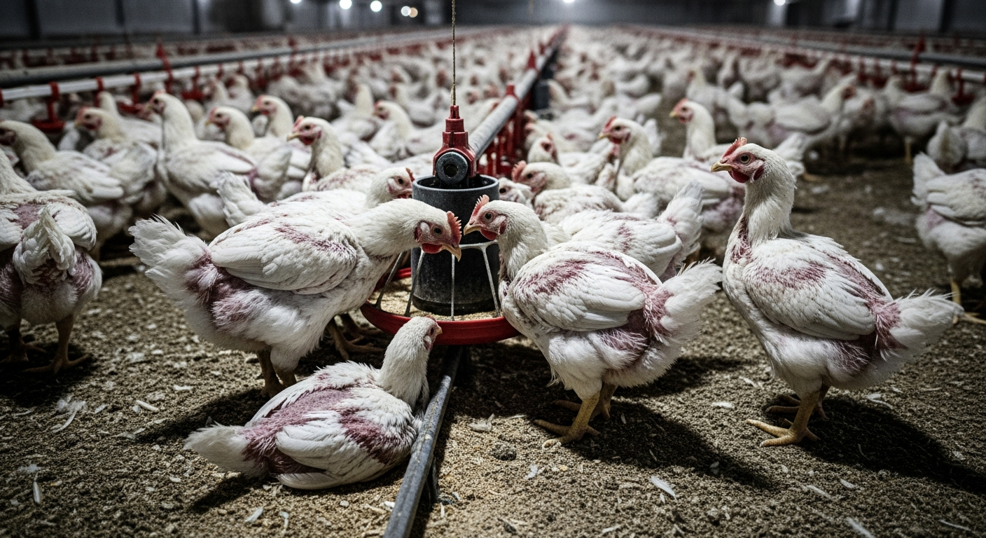 Distressed broiler chickens indoors