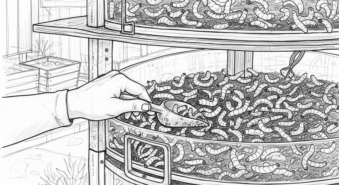 Sketch of larvae bin for chicken feed.