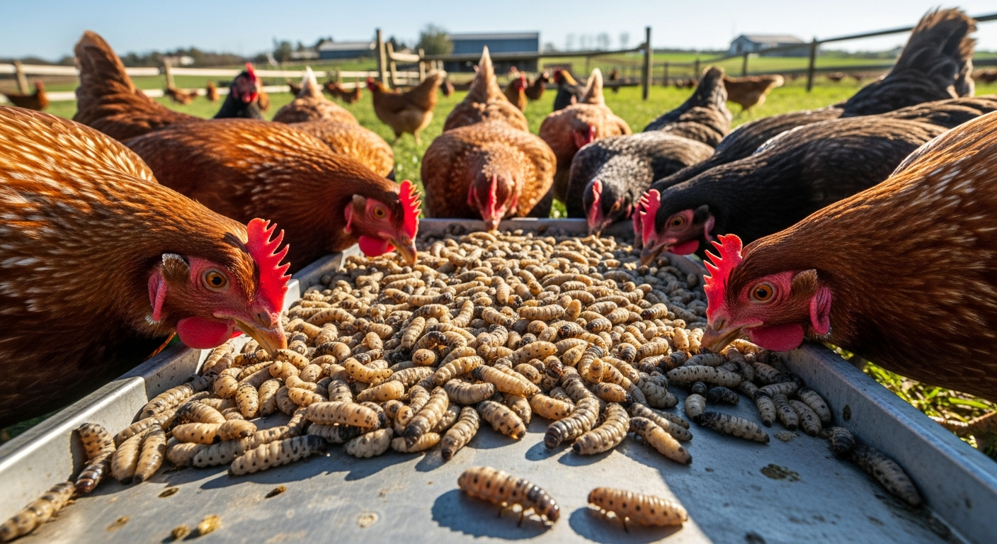 Chickens eating soldier fly larvae feed.
