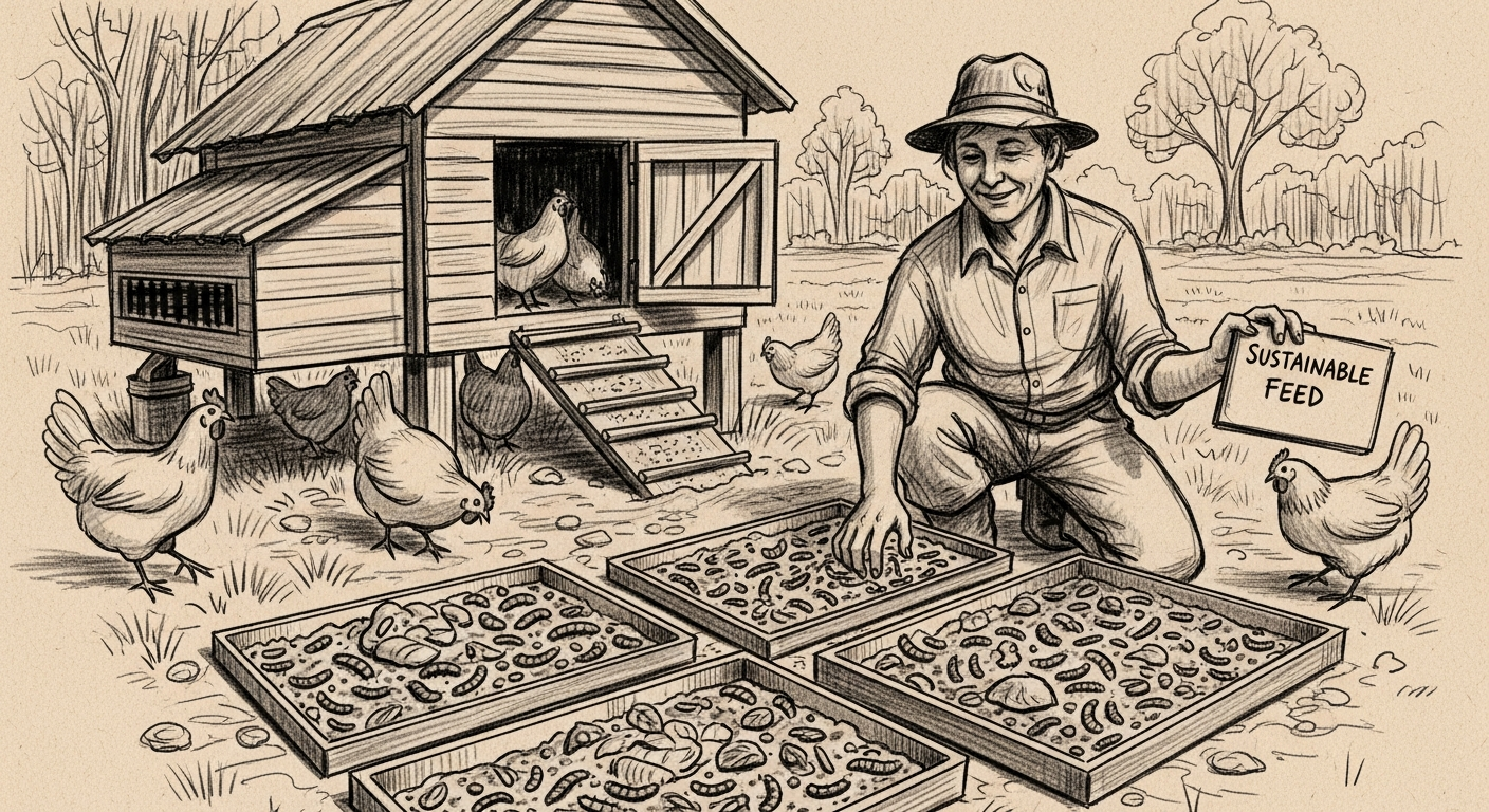 Farmer with BSFL trays near chickens