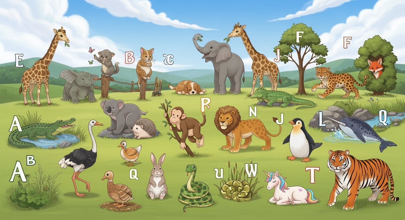Alphabetical animals group outdoors