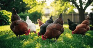 chickens grazing on grass in a garden