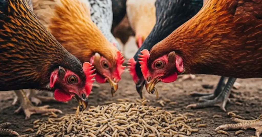 Image of Black Soldier Fly Larvae being fed to Chickens