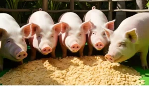 pigs eating a bowl of rice