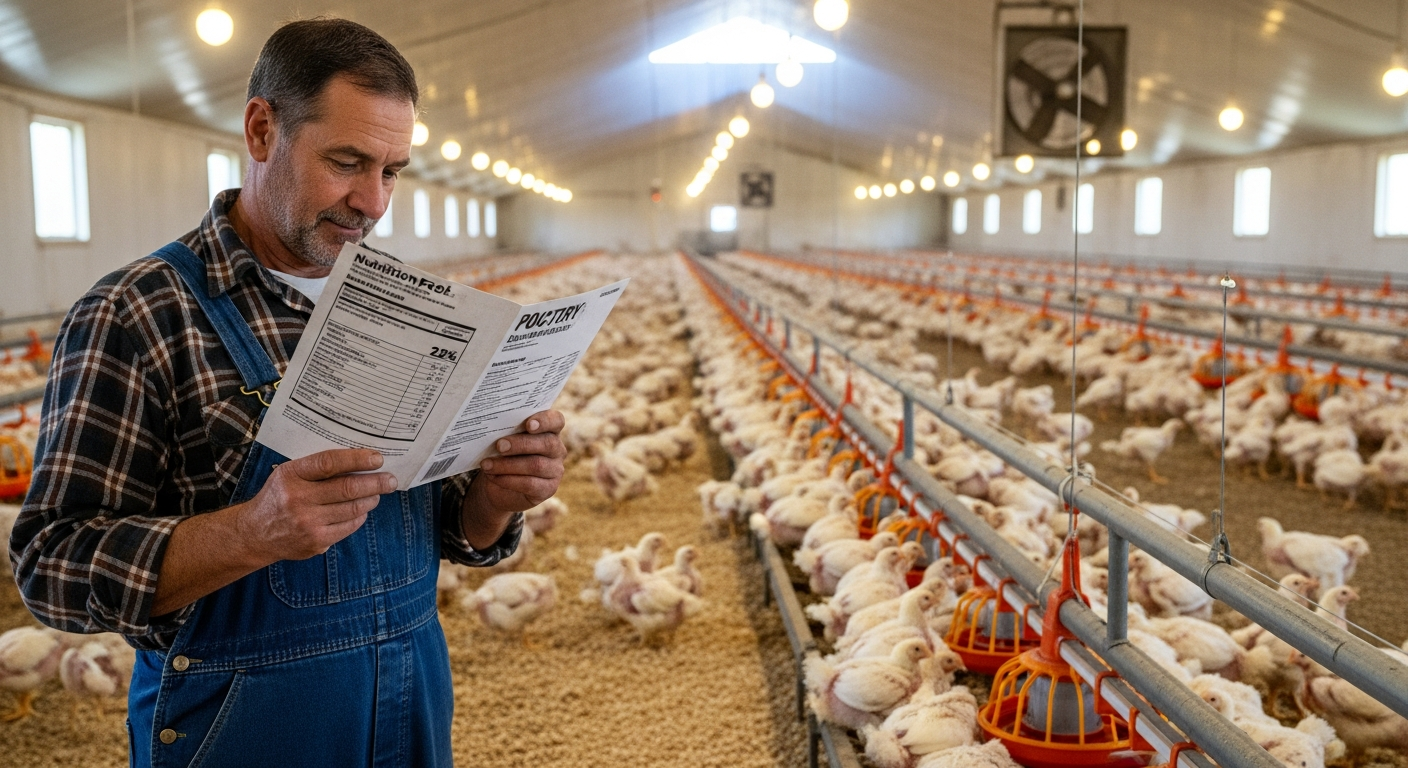 Farmer reads feed label for broilers.