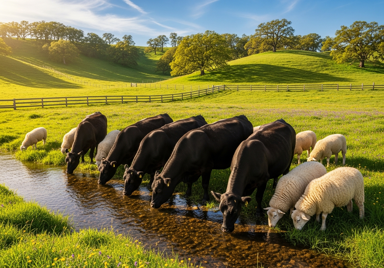 Livestock drinking water outdoors.