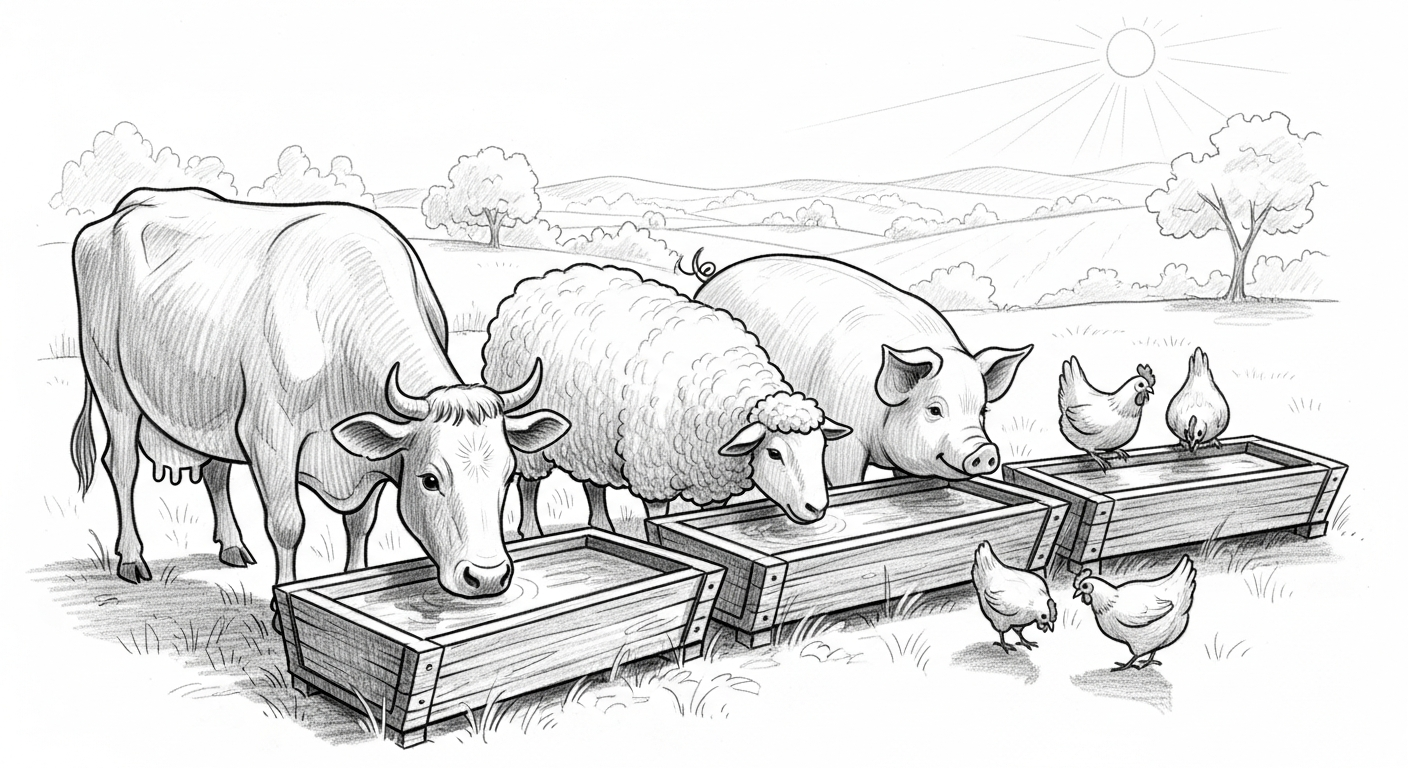 Farm animals drinking clean water.