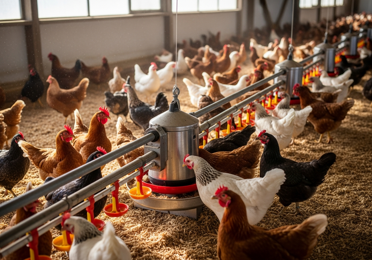 Chickens drinking water in farm.