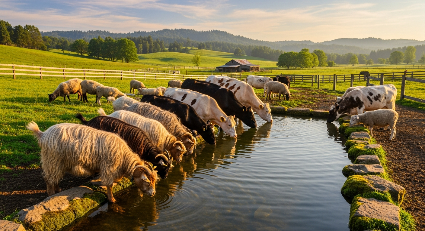 Livestock drinking water on farm