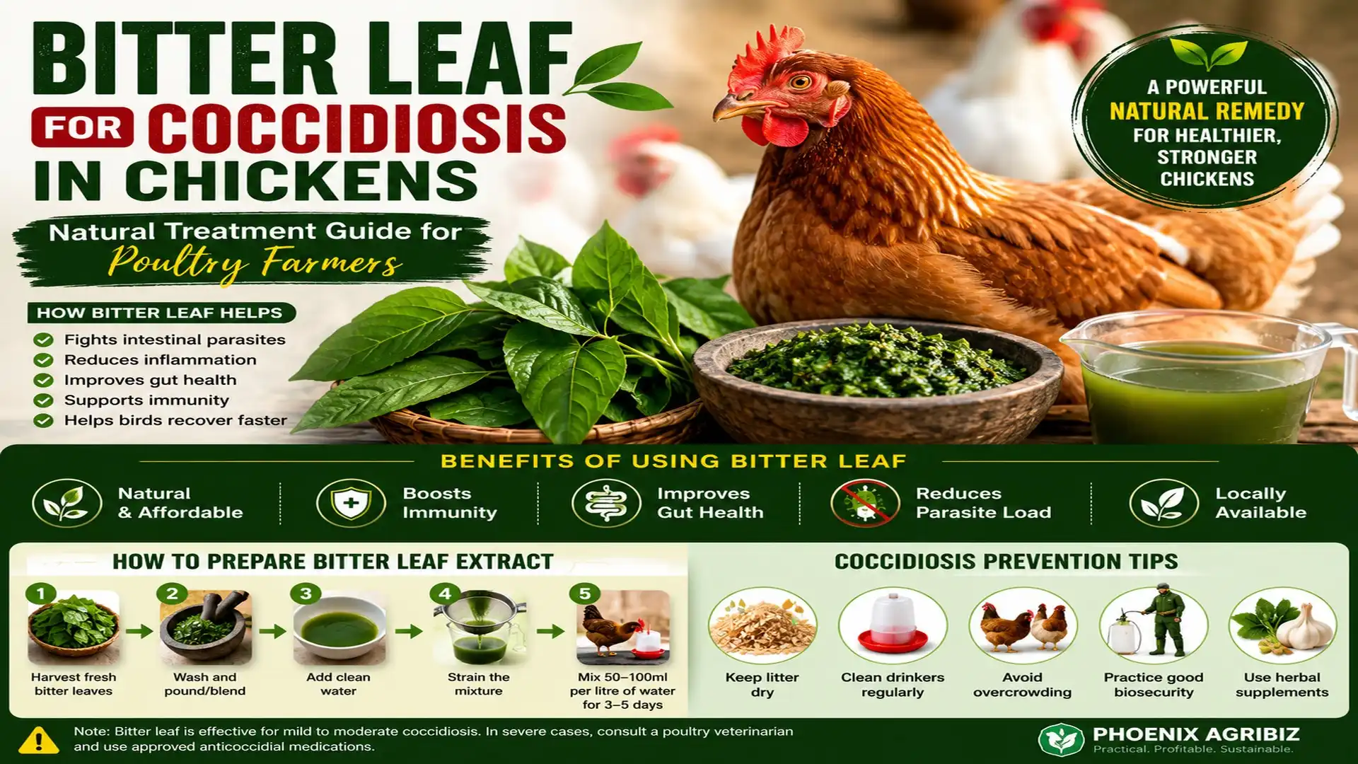 Bitter leaf for coccidiosis in chickens infographic showing bitter leaves, chickens and bitter leaf extract