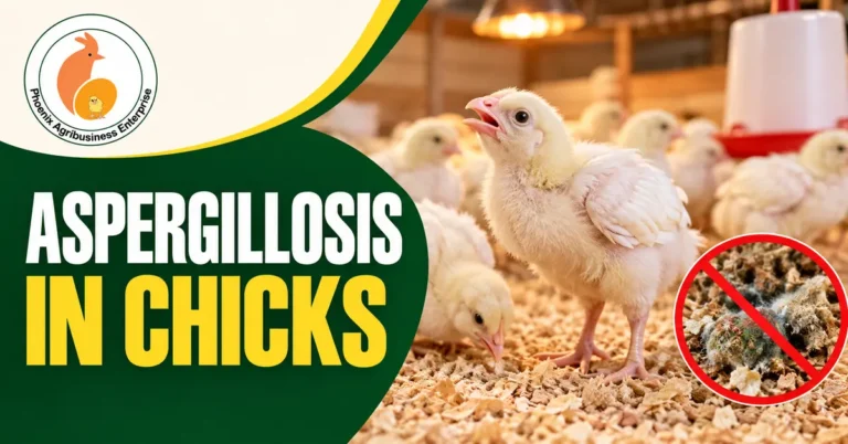 Broiler chick gasping in a brooder with mould-risk warning