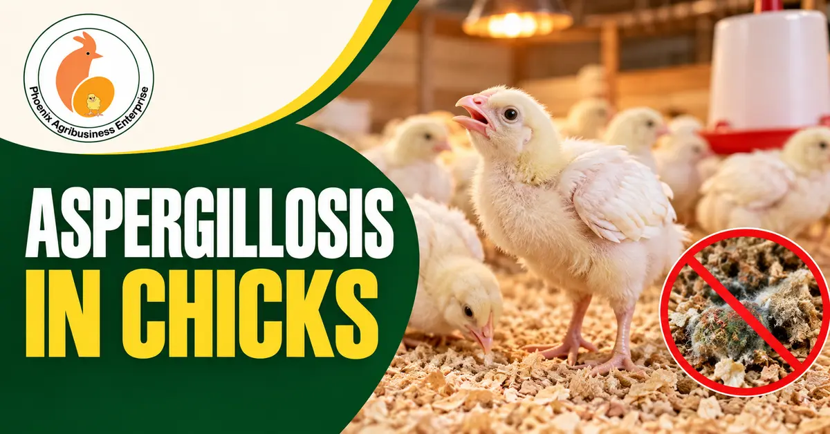 Broiler chick gasping in a brooder with mould-risk warning