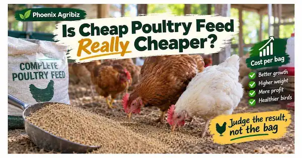 Poultry farmer comparing the real cost and performance of cheap poultry feed