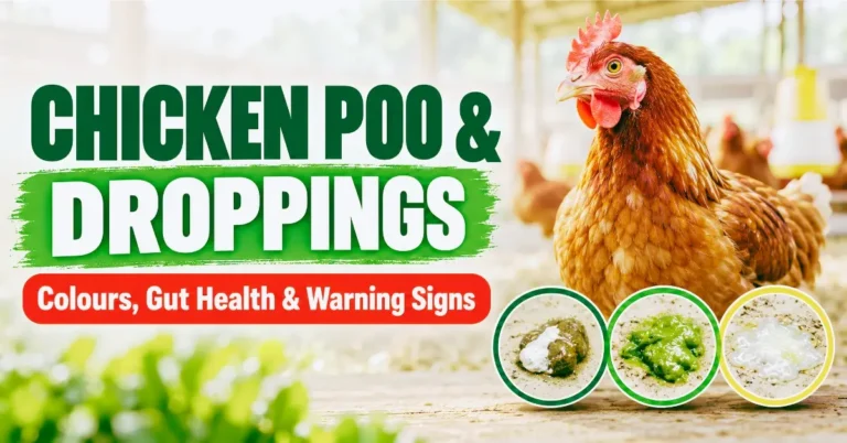 Chicken poo and droppings guide showing a chicken with normal, green and watery droppings