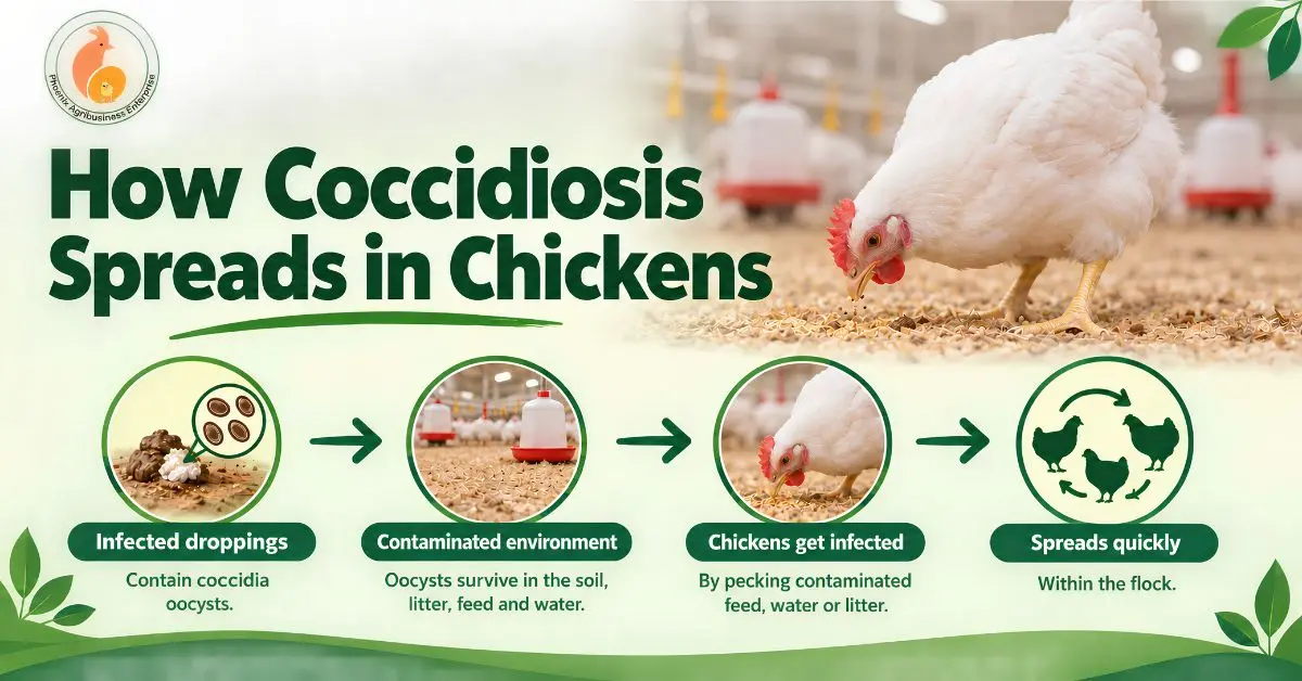 How coccidiosis spreads in chickens through infected droppings, contaminated litter and flock exposure