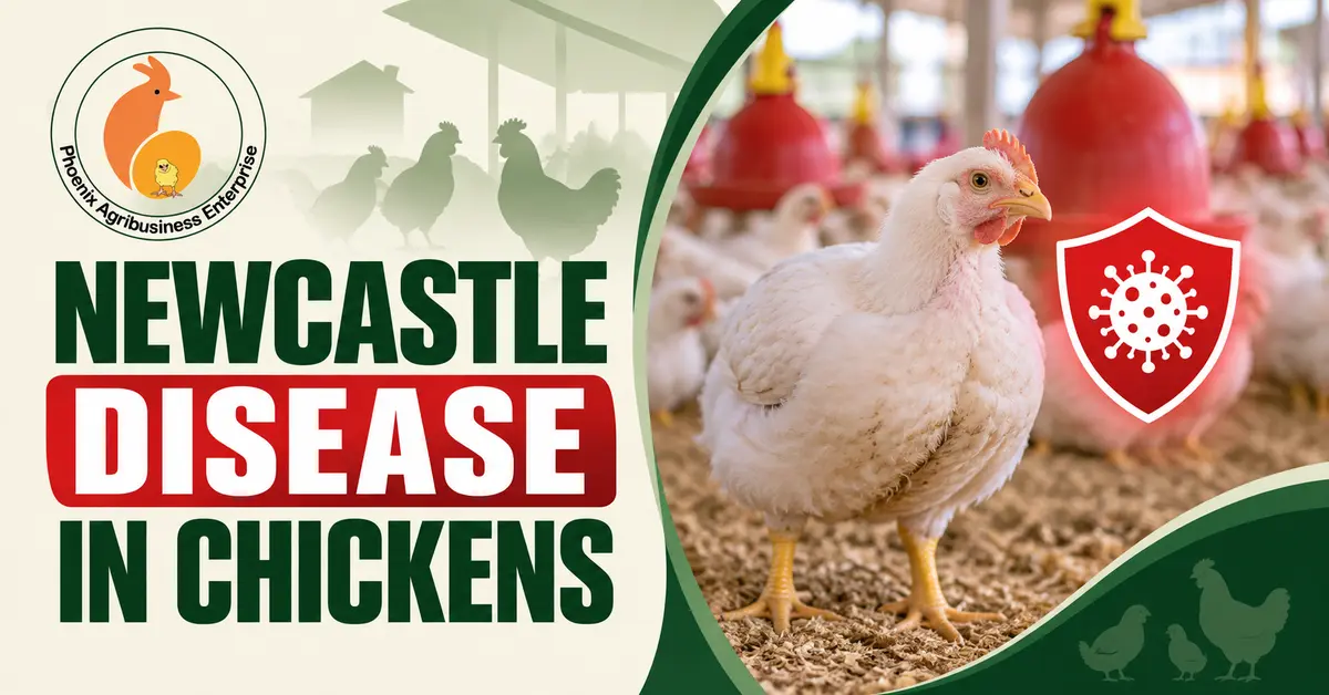 White broiler chicken with Newcastle disease warning symbol in a poultry house