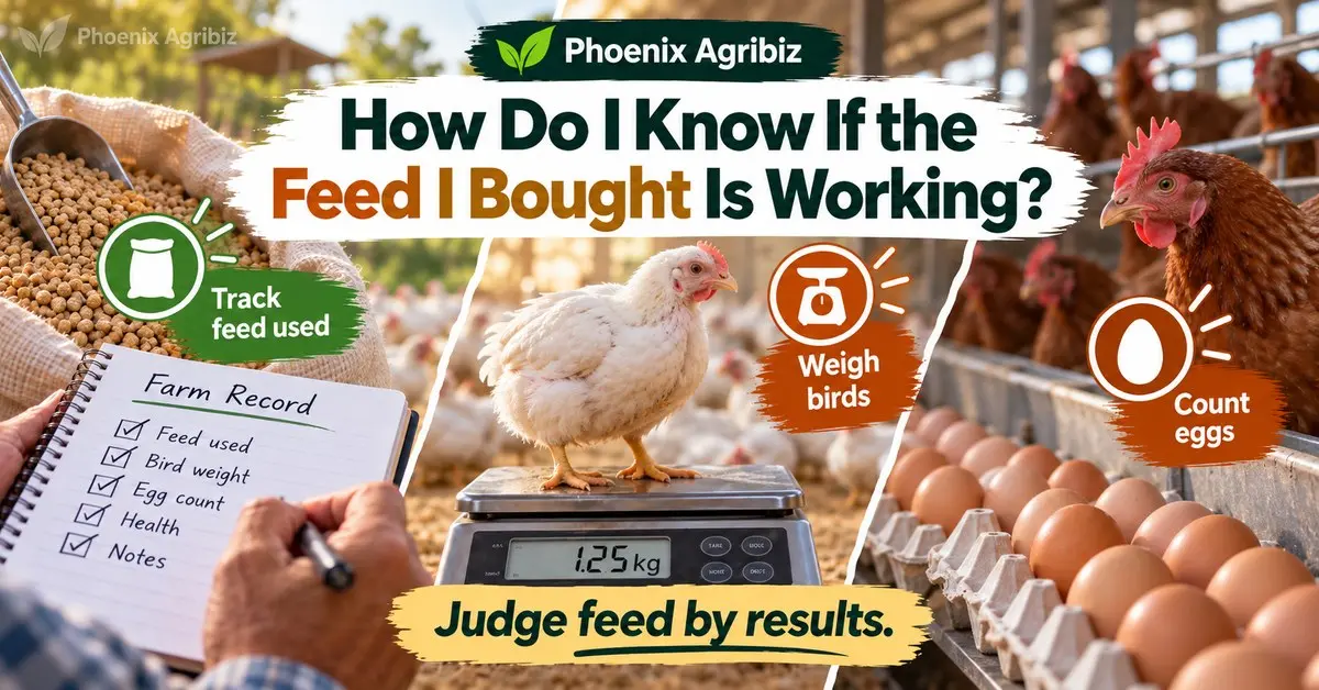 Farmer checking bird growth and feed use to see whether poultry feed is working