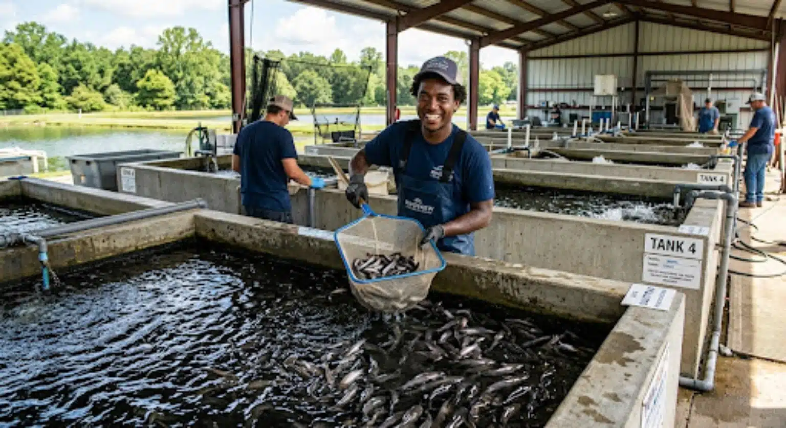 Worker holding a net of fish beside concrete tanks at a fish hatchery